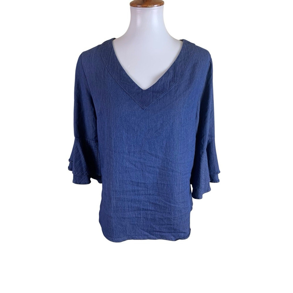 Naif Blue V‎ Neck Blouse Flowy Bell Sleeve Casual Top Medium